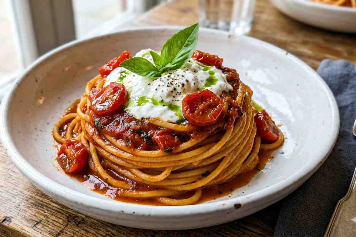 Spaghettoni gourmet al pomodoro e burrata impiattati a nido con pomodorini confit lucidi e olio al basilico, visti da vicino in un piatto di ceramica su tavolo in legno.