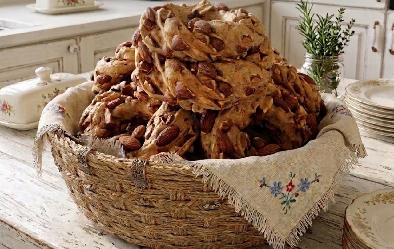 Cestino di vimini con taralli napoletani sugna e pepe su uno strofinaccio