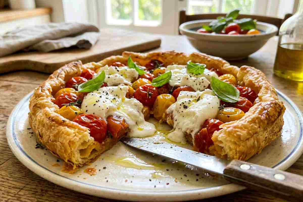 Torta rustica con pasta sfoglia, pomodorini confit caramellati e burrata fresca guarnita con basilico.