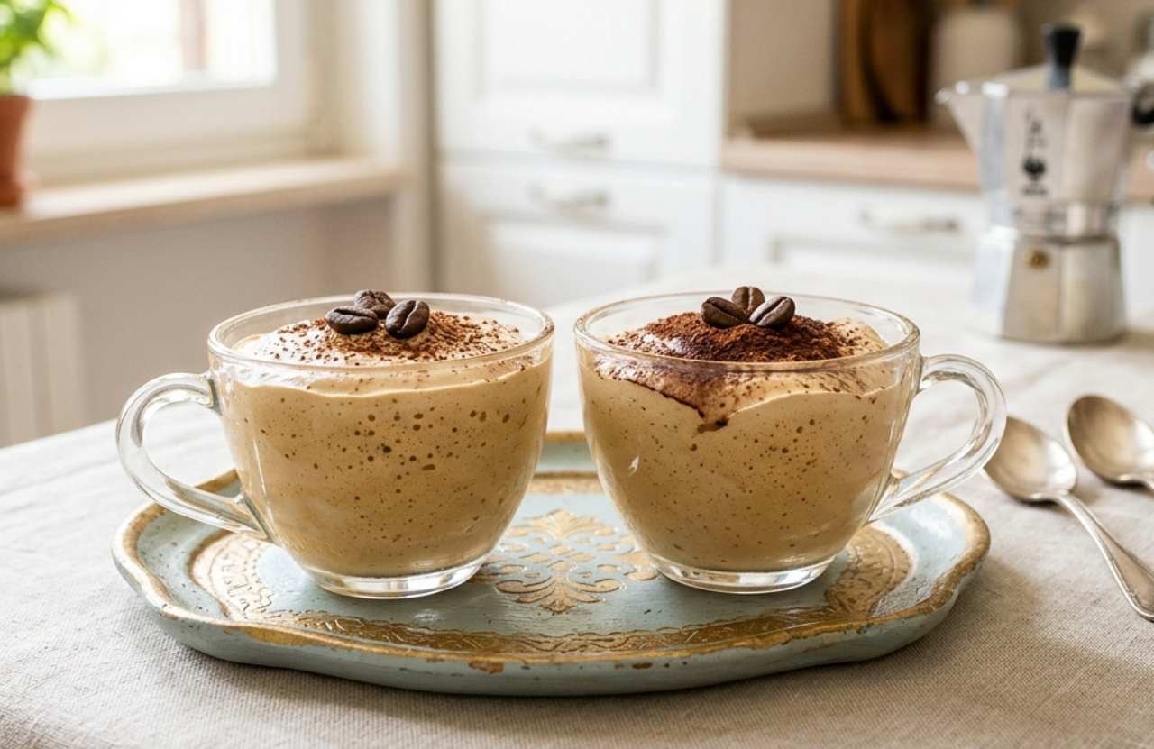 Un primo piano ravvicinato di un bicchierino di vetro colmo di crema fredda al caffè densa e spumosa, decorata con chicchi di caffè e una spolverata di cacao, appoggiato su una tovaglia bianca ricamata tono su tono in una cucina luminosa.