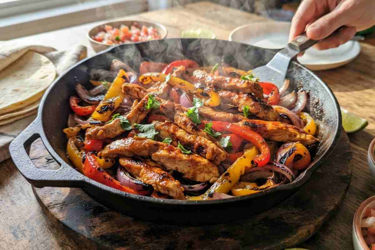 Fajitas di pollo e peperoni in padella di ghisa con tortilla, guacamole e pico de gallo su tavolo in legno.