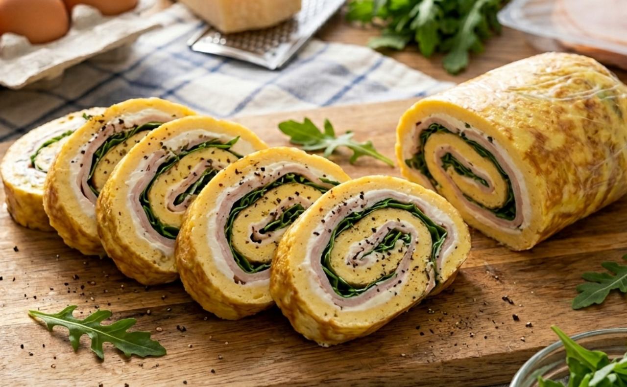 Rotolo di frittata fredda farcito tagliato a fette su un tagliere di legno con rucola e ingredienti