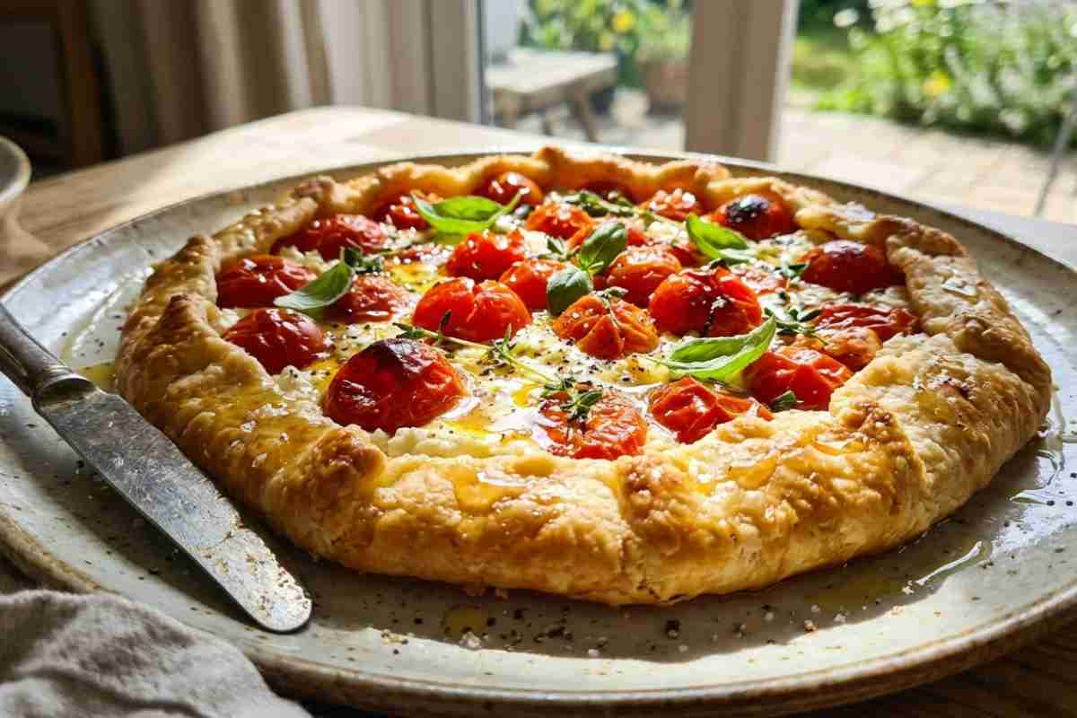 Galette rustica ai pomodorini caramellati e ricotta, torta salata estiva croccante