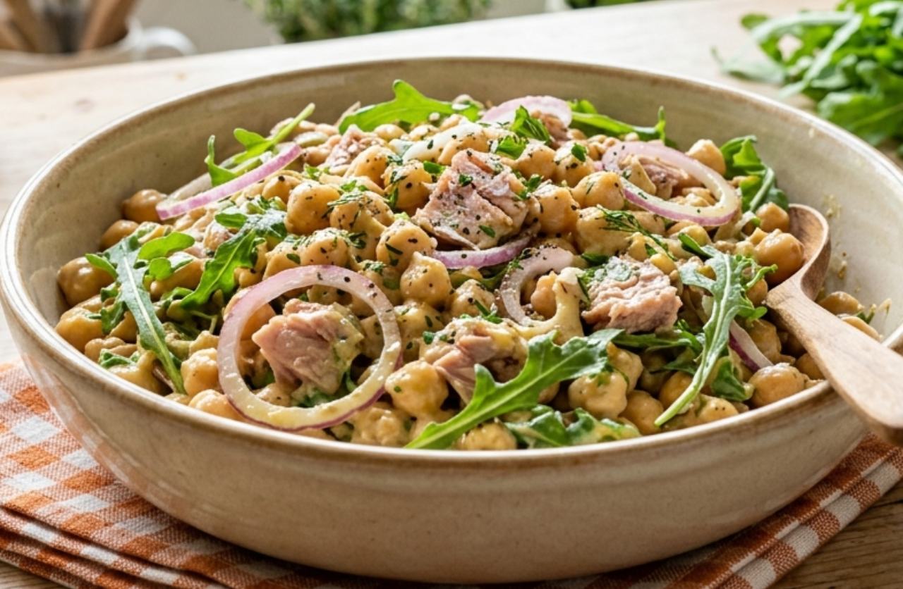 Una ciotola capiente con insalata di ceci morbidi, filetti di tonno saporito, anelli di cipolla rossa di Tropea e foglie di rucola fresca, condita con un'emulsione lucida, su un tavolo estivo.