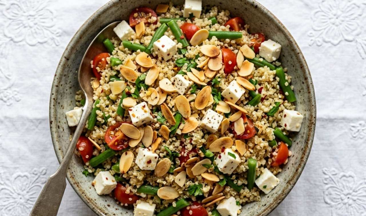 Un primo piano di un'insalata di quinoa estiva colorata con pezzetti di fagiolini verdi, cubetti di feta, pomodorini e lamelle di mandorle, servita in una ciotola di ceramica su una tovaglia bianca ricamata.