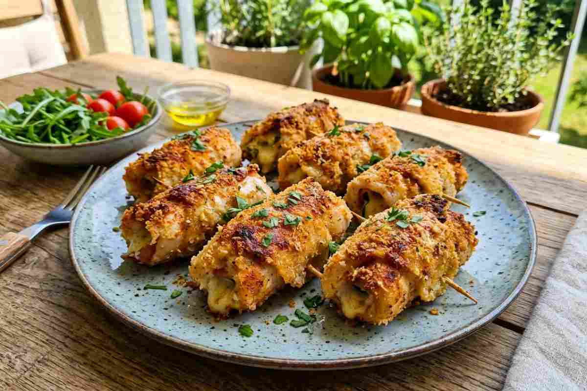 Involtini di pollo croccanti con provola e zucchine cotti in friggitrice ad aria, serviti su un piatto.