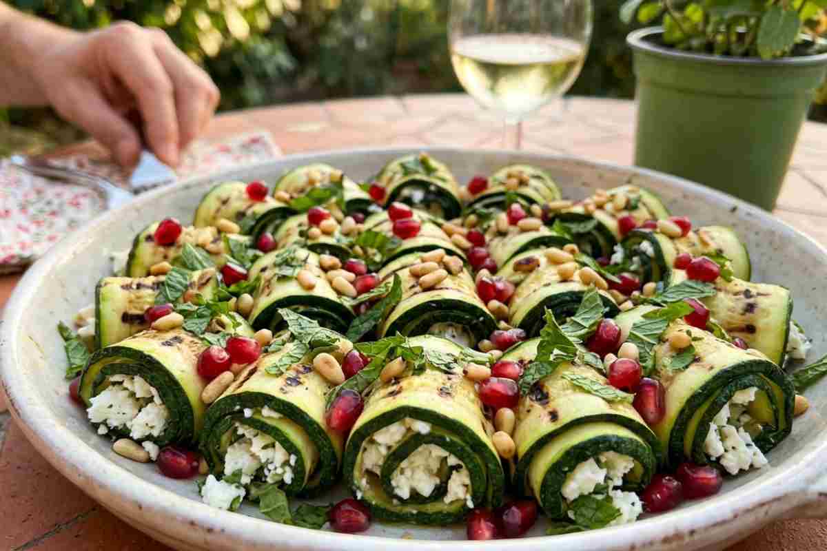 Involtini di zucchine grigliate ripieni di feta greca e menta, serviti su un piatto con chicchi di melagrana e pinoli tostati per una ricetta estiva veloce.
