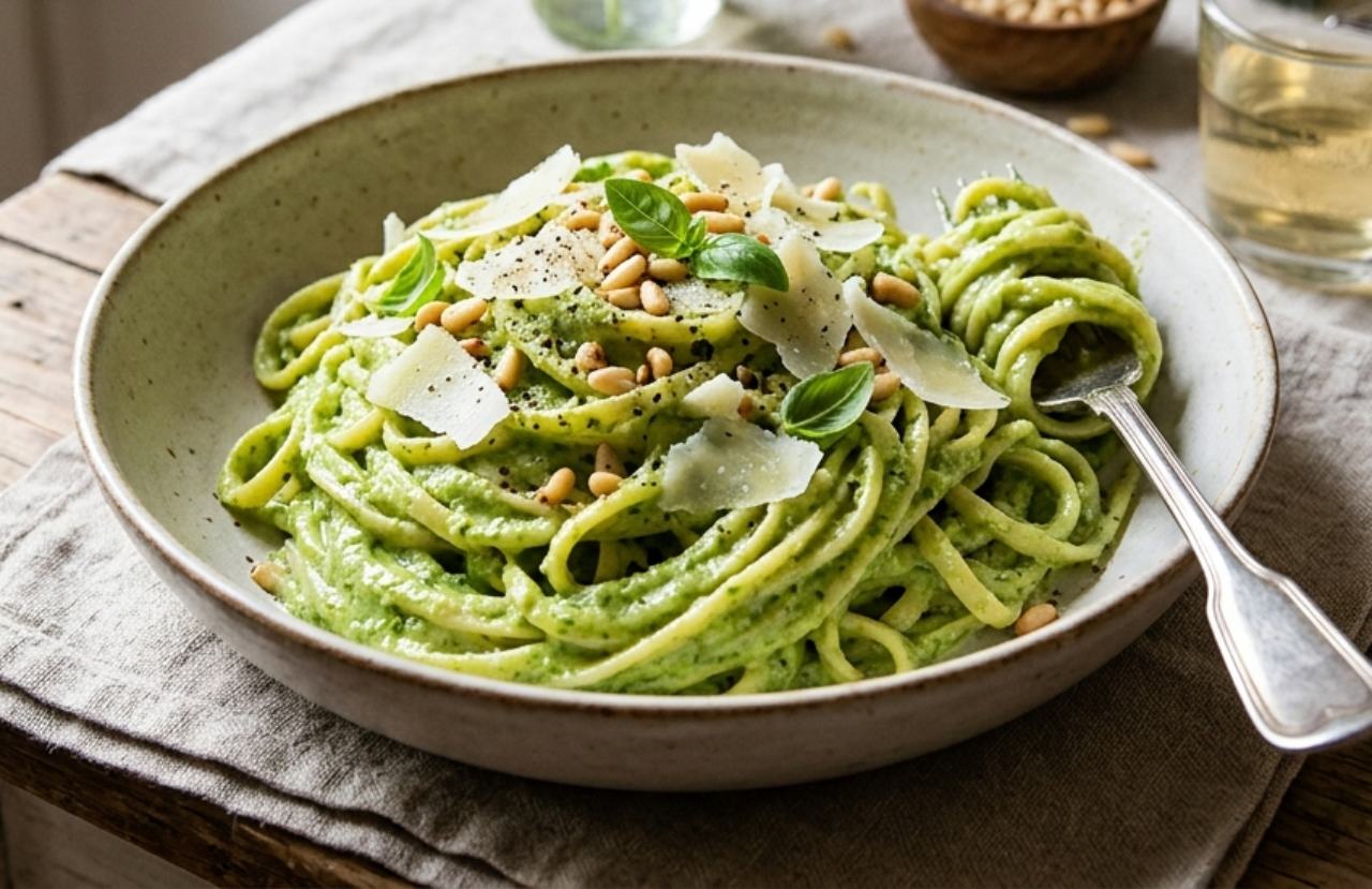 Piatto di linguine al pesto di zucchine a crudo cremoso con scaglie di pecorino, basilico e pinoli