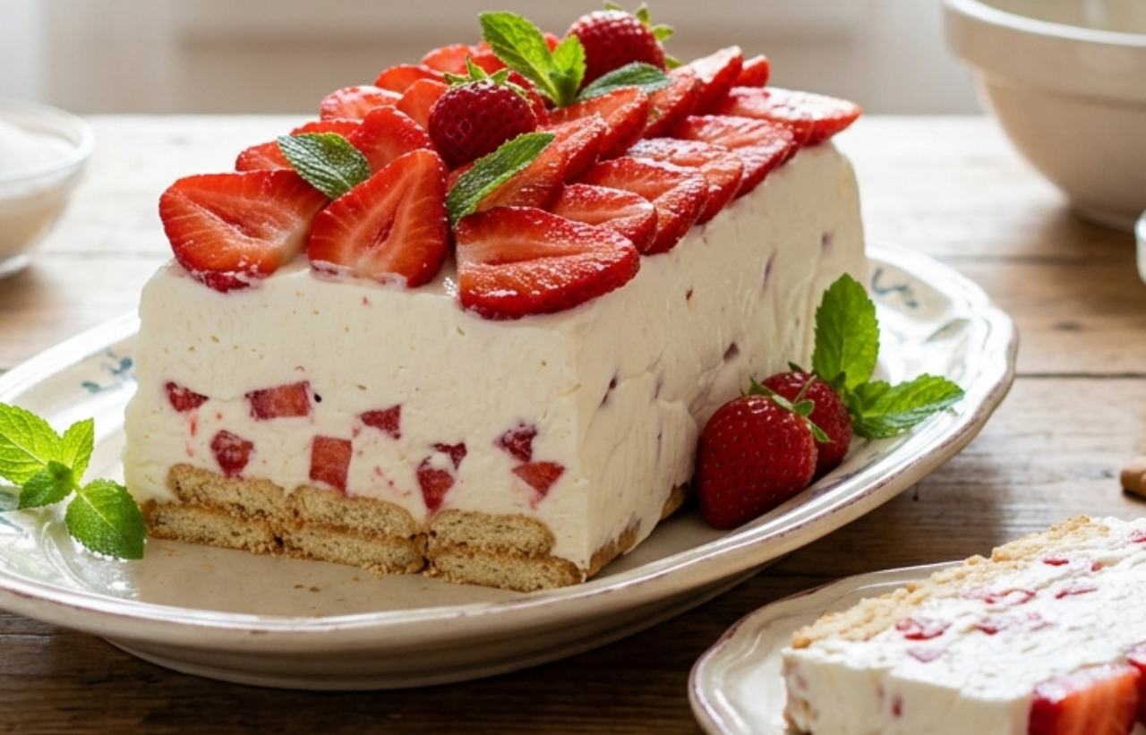 Mattonella fredda allo yogurt greco e fragole fresche su un piatto da portata con base di biscotti