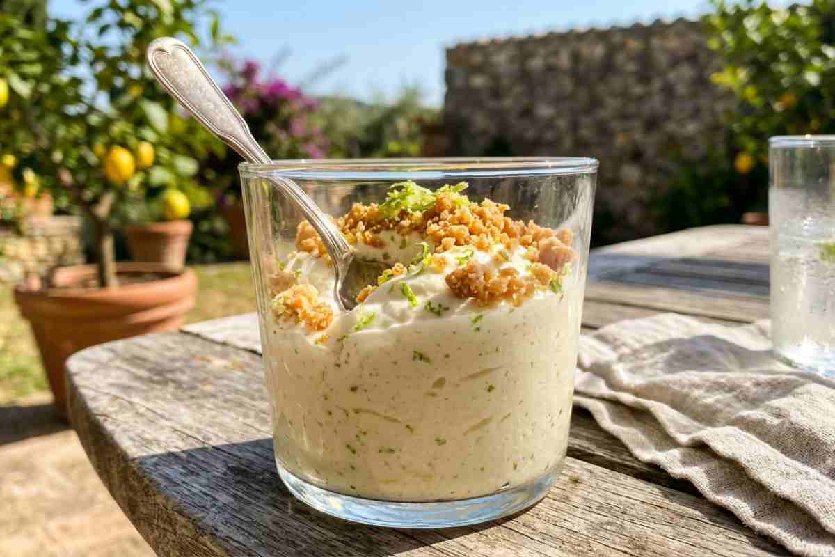 Mousse al cioccolato bianco e lime in bicchiere con crumble croccante su tavolo in legno all'aperto.