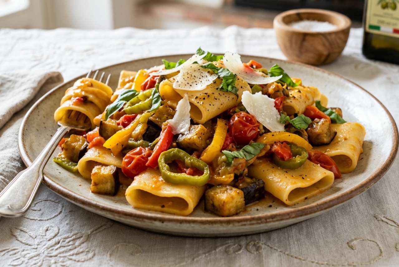 Un primo piano di un piatto di paccheri all'ortolana ricca conditi con cubetti di melanzane dorate, striscioline di peperone giallo, rondelle di friggitelli e pomodorini, decorati con scaglie di ricotta salata e basilico, su una tovaglia bianca ricamata.