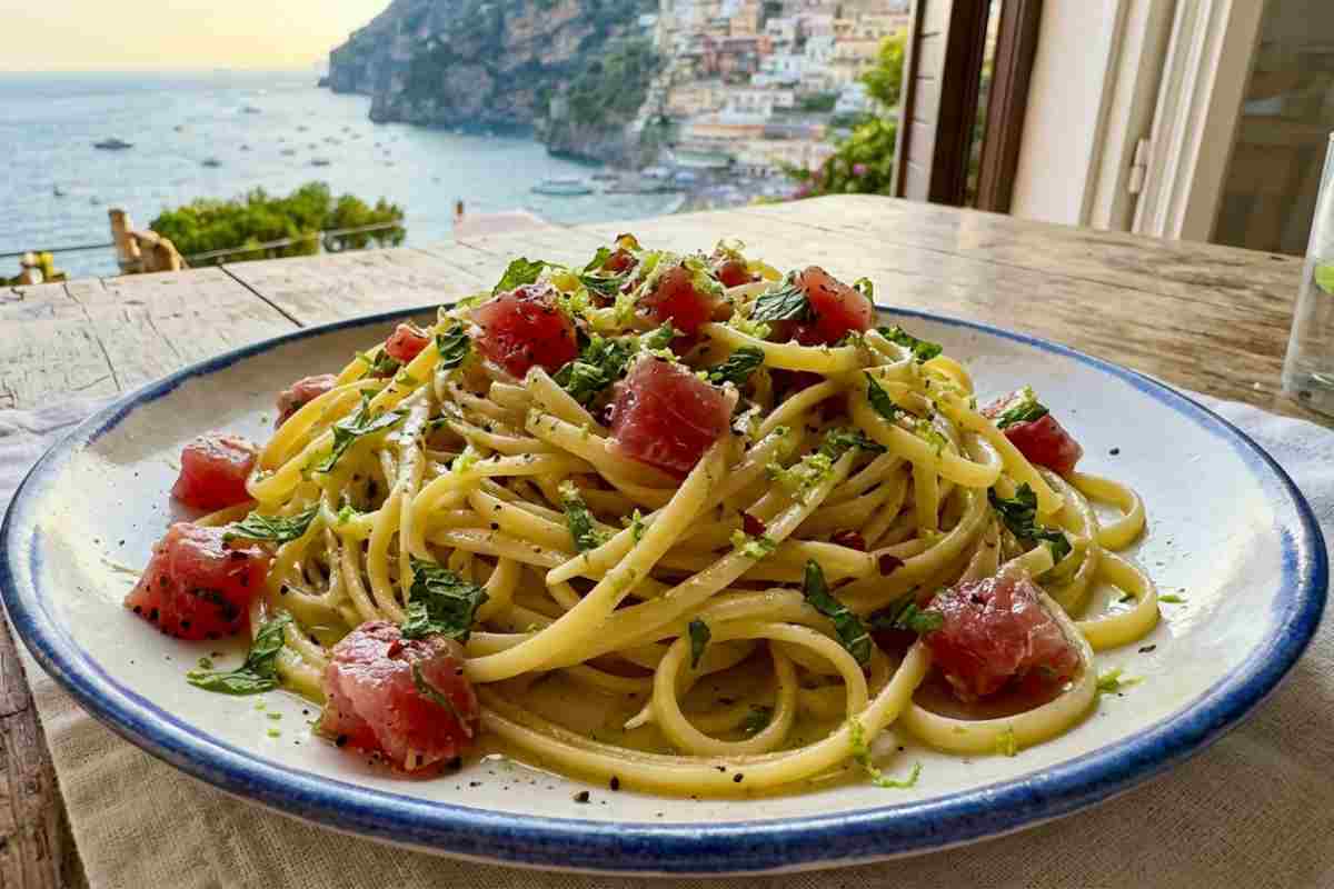 Primo piano di un piatto di linguine con cubetti di tonno rosso crudo, scorza di lime grattugiata e menta fresca, servito su un tavolo in legno con vista mare costiera al tramonto.