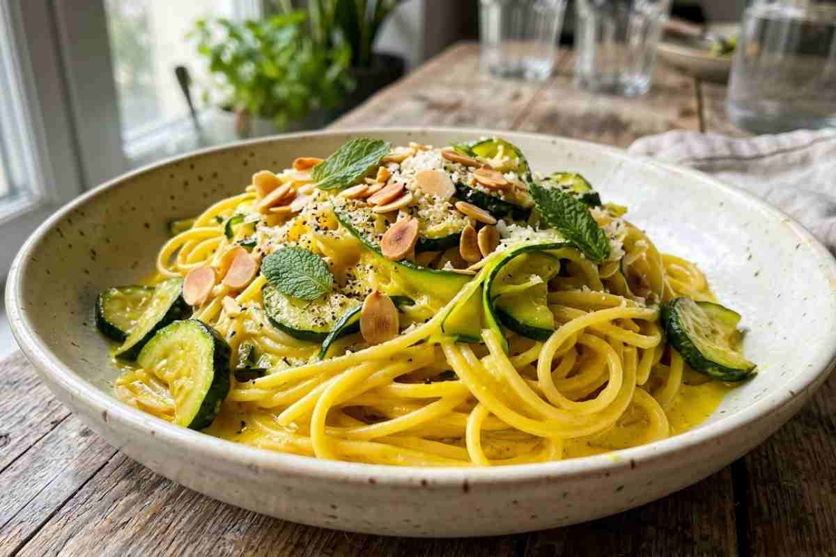 Spaghetti cremosi alle zucchine e zafferano con mandorle e menta su tavola rustica.