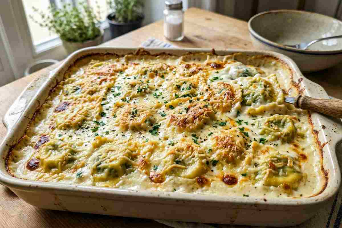 Ravioli di ricotta e spinaci al forno gratinati con besciamella in una pirofila di ceramica sul tavolo.