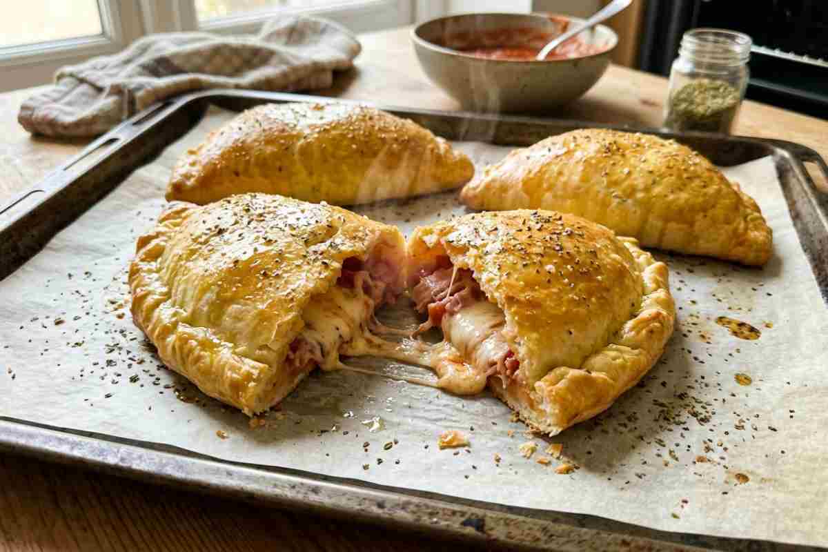 Calzoni al forno ripieni di mozzarella filante e prosciutto cotto, appena sfornati su teglia con carta forno in una cucina luminosa.