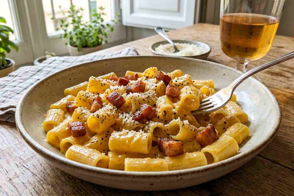 Piatto di rigatoni alla carbonara cremosa con guanciale croccante e pepe nero, fotografato da smartphone su un tavolo in legno.