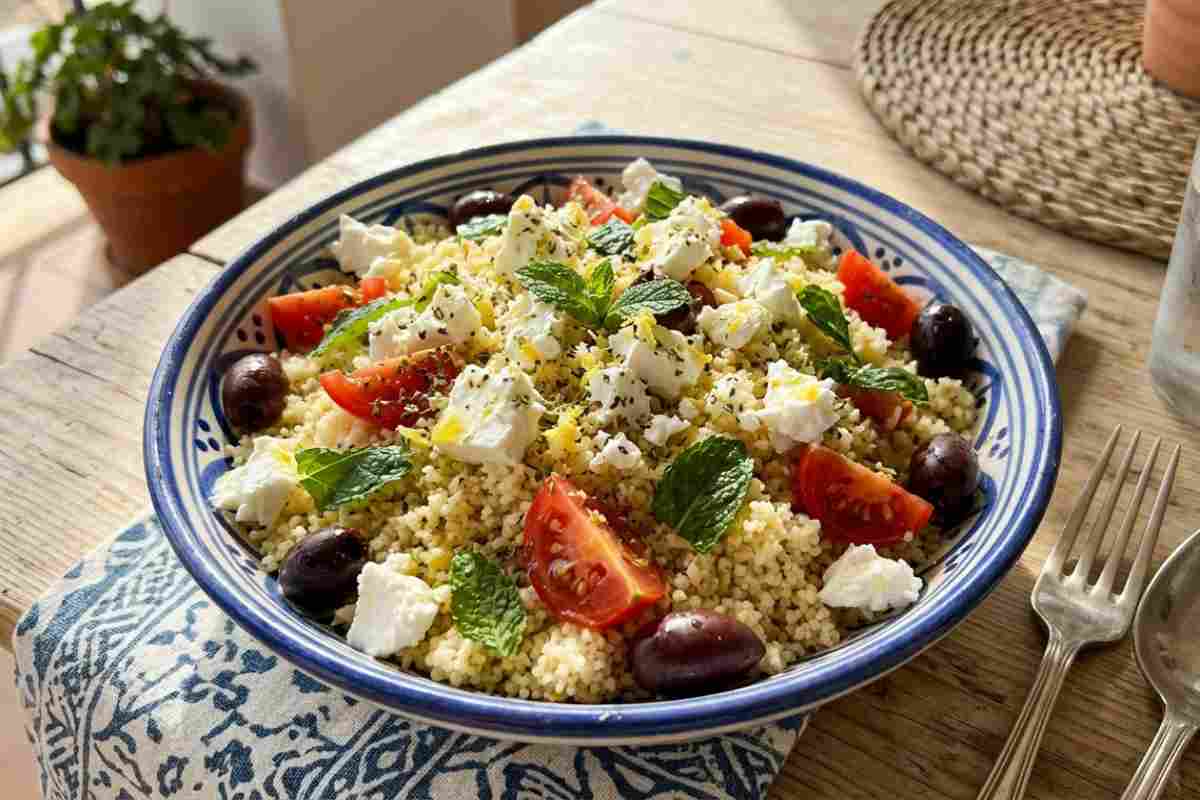Couscous freddo estivo in insalata con feta greca DOP, pomodorini ciliegino, olive nere e menta fresca, servito in una ciotola di ceramica rustica azzurra e bianca su un tavolo di legno.