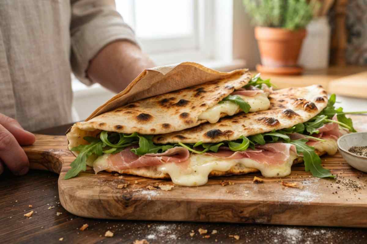 Piadina gourmet artigianale con prosciutto crudo, squacquerone fuso e rucola fresca su tagliere di legno.