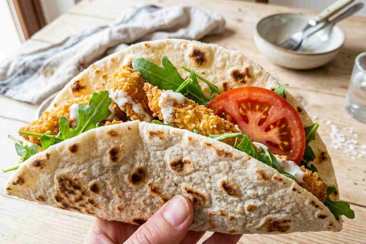 Piadina romagnola fatta in casa piegata a metà e farcita con straccetti di pollo croccanti, rucola e pomodoro su un tavolo in legno.