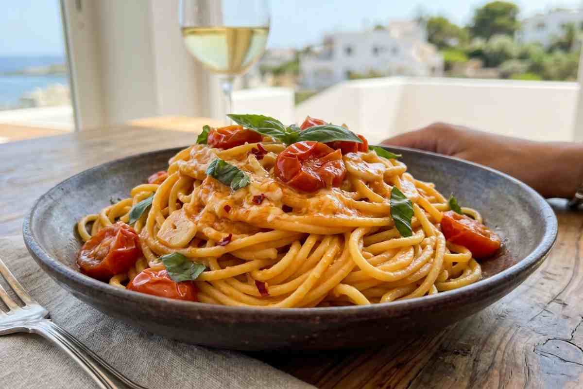 Spaghetti allo scarpariello cremosi con pomodorini datterini, basilico e pecorino serviti in un piatto di ceramica su un tavolo in terrazza vista mare.