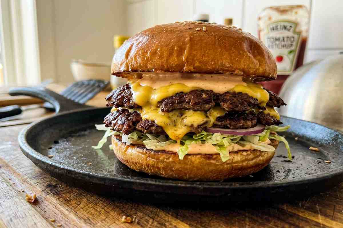 Double smash burger fatto in casa con formaggio cheddar fuso, crosticina croccante di carne scottona e potato bun tostato su sfondo luminoso.