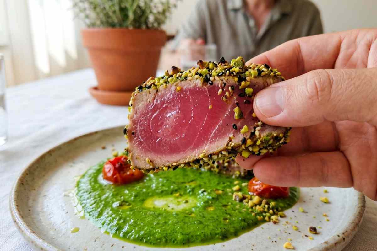 Tataki di tonno scottato in crosta di pistacchio su crema di rucola e pomodorini.