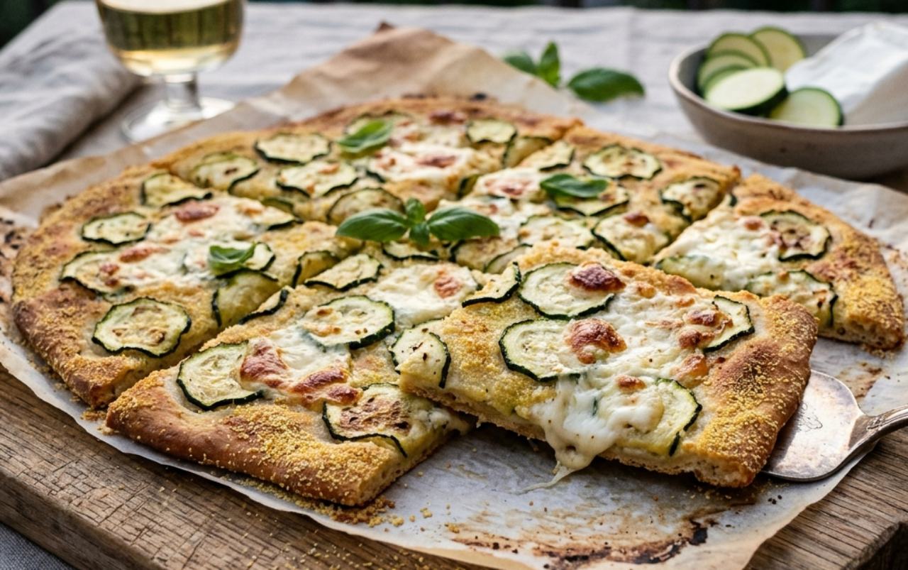 Una torta salata sottile e dorata preparata con una pastella furba di farina e acqua, zucchine a rondelle e stracchino filante. Superficie resa croccante grazie alla farina di mais.