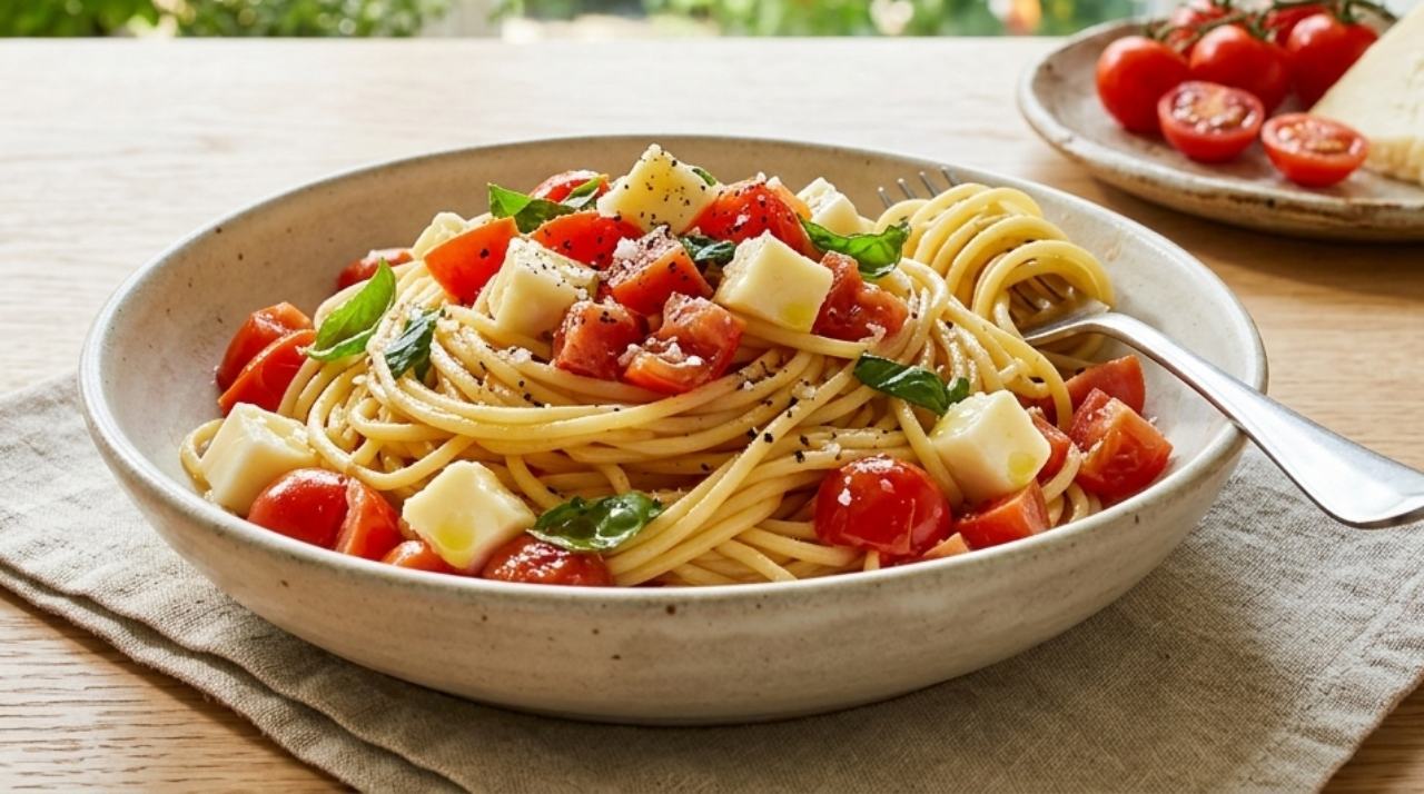 Un piatto di spaghetti alla checca caldi conditi a crudo con pomodorini succosi, cubetti di caciotta romana filante, olio extravergine d'oliva lucido e foglie di basilico fresco, su una tavola estiva luminosa.