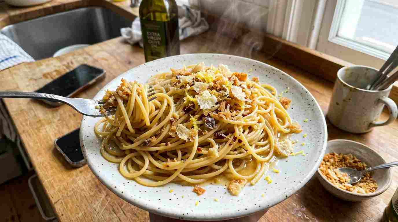 Piatto di spaghetti aglio olio e acciughe con briciole di pane tostato croccante e scorza di limone, ricetta della pasta dello sciatore salvacena fatta in casa.