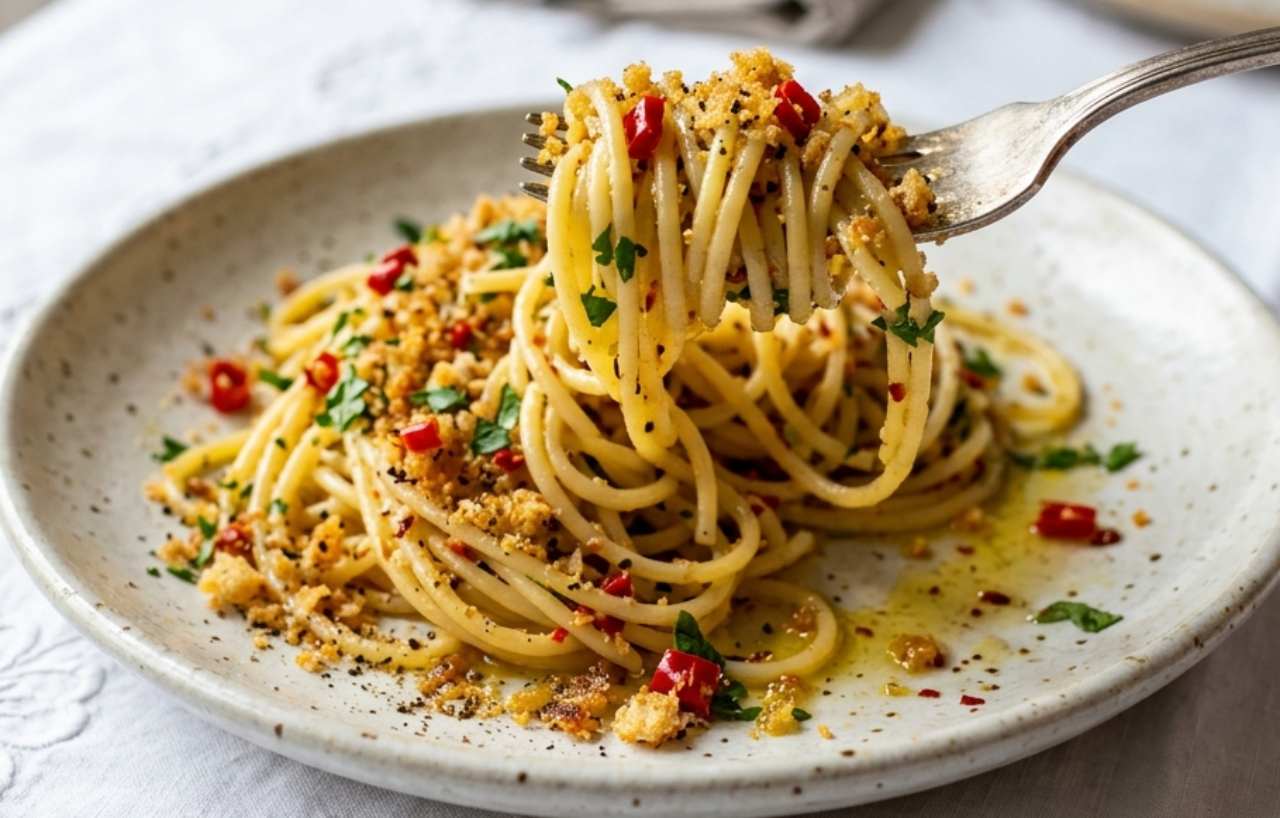Un primo piano ravvicinato di spaghetti alla carrettiera estiva conditi con olio, aglio, peperoncino rosso fresco e prezzemolo, cosparsi di pangrattato tostato dorato, su una tovaglia bianca ricamata.