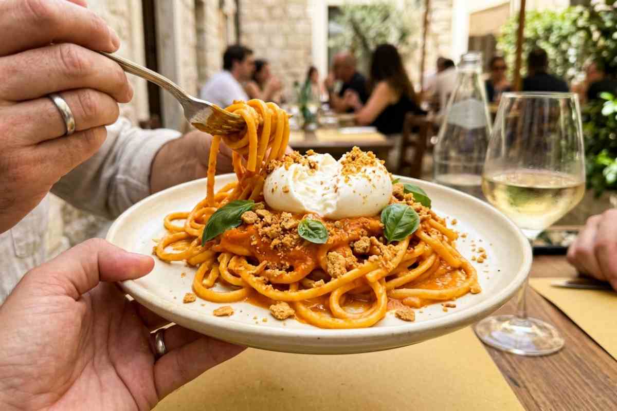 spaghettoni quadrati perfetti con crema di peperoni arrostiti, burrata e taralli serviti in n piatto.
