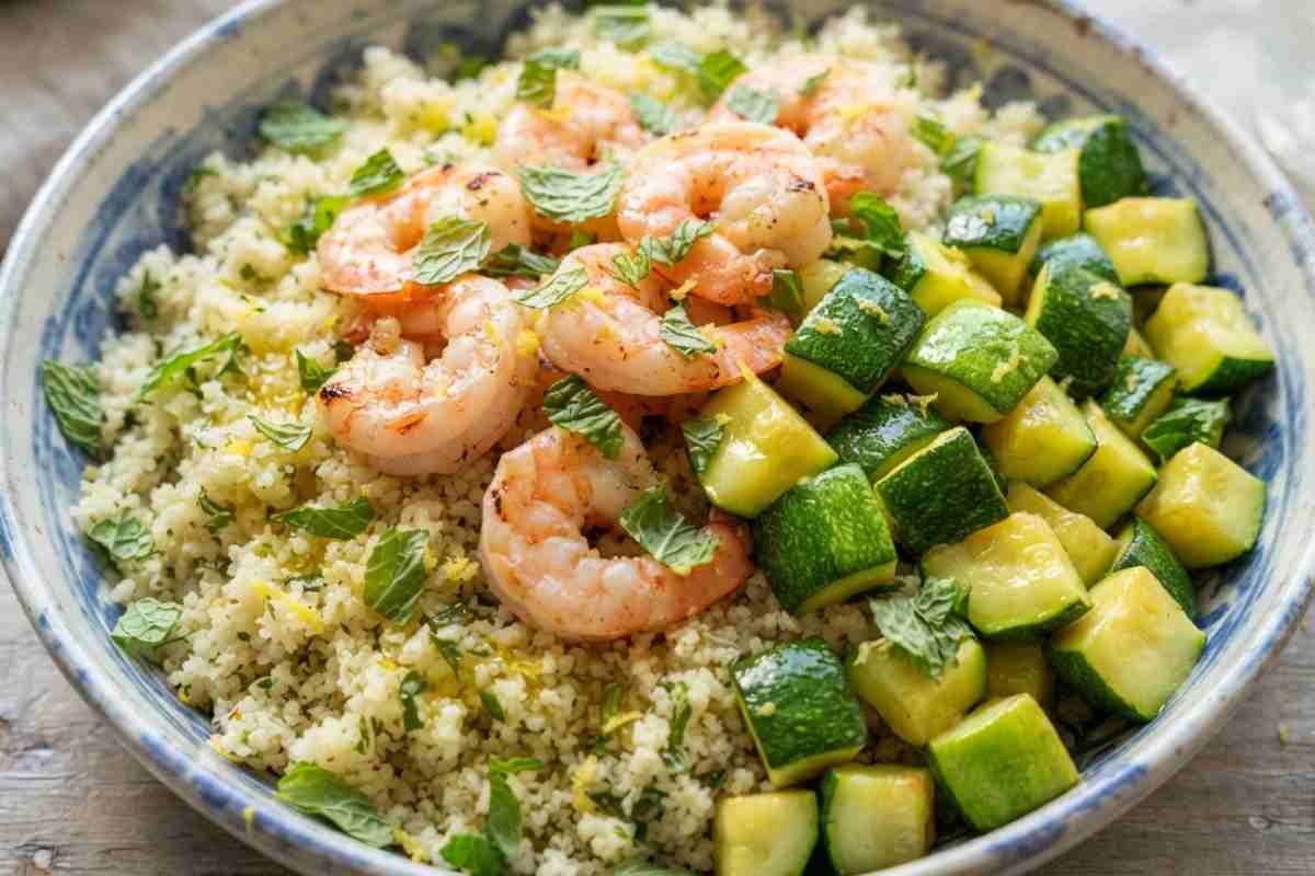 Couscous freddo estivo con gamberetti scottati, zucchine croccanti a cubetti e menta fresca servito in un piatto di ceramica.