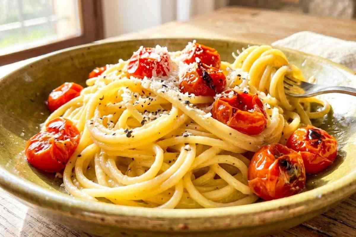 Piatto di spaghetti con pomodorini arrostiti servito fumante in tavola.