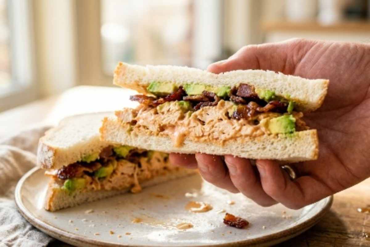 Un tramezzino gourmet sandwich con pollo, avocato e bacon croccante in una mano ed un altro sullo sfondo in un piatto bianco su un tavolo.