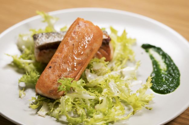 Filetto di salmone norvegese scottato, crema di spinaci e insalata riccia