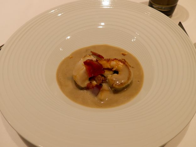 Cep and artichoke velouté, sautéed scallop from Miyagi and shrim