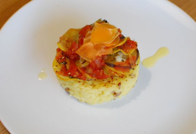 Ratatouille over risotto cake