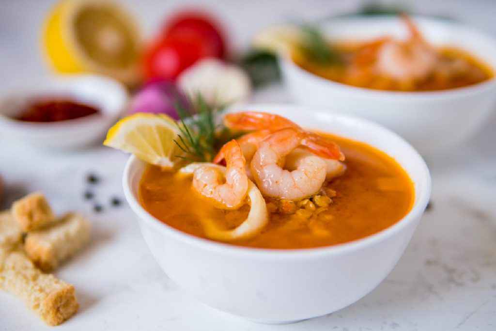 crema di lenticchie con gamberi